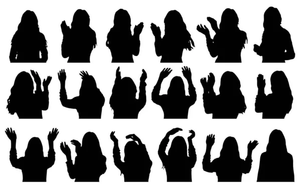 Silhouetten Von Mädchen Die Handflächen Klatschen Willkommen Winken Hände Vektorillustration — Stockvektor