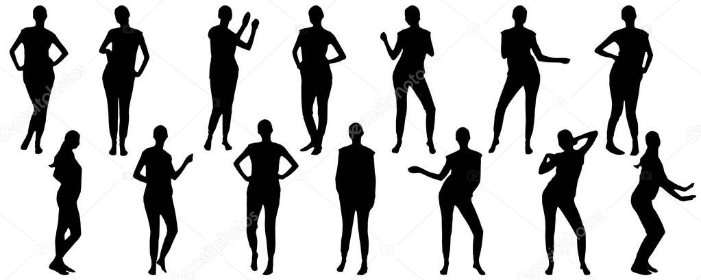 Dancing woman in full growth, set of silhouettes. Vector illustration.