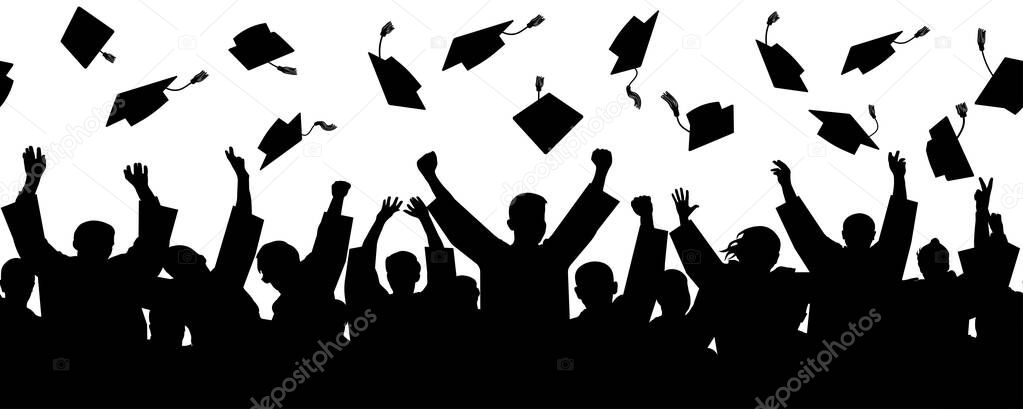 Crowd of graduates throw square academic caps, seamless pattern, silhouettes. Vector illustration.