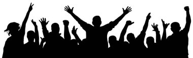 Neşeli bir kalabalık alkış için tezahürat yapıyor. Hayranları mutlu insanlar. Parti disko konser sporu. Siluet vektör illüstrasyonu