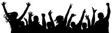 Hayranları mutlu insanlar. Neşeli bir kalabalık alkış için tezahürat yapıyor. Siluet vektör çizimi. Parti disko konser sporu