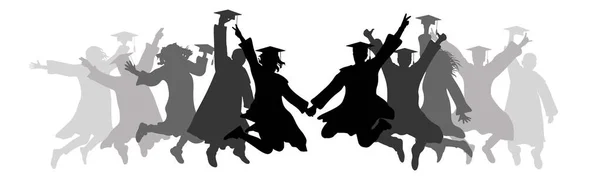Graduação Saltando Graduados Bonés Acadêmicos Quadrados Silhuetas Ilustração Vetorial —  Vetores de Stock