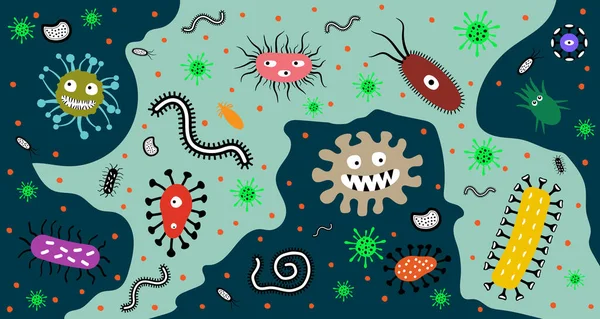 Virus Parasite Modèle Avec Dessin Animé Les Microbes Les Bactéries — Image vectorielle