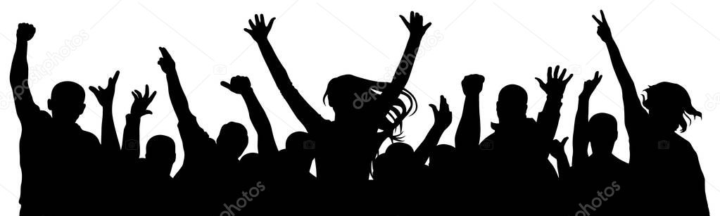 Cheerful crowd of people cheering applause. Party disco concert sport. Fan happy people. Silhouette vector illustration