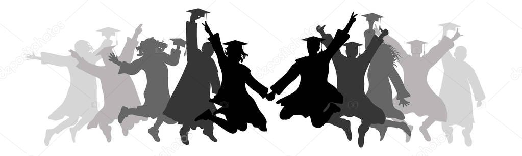 Graduation, jumping graduates in square academic caps, silhouettes. Vector illustration.