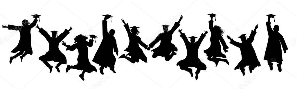 Jumping silhouettes of graduates in square academic caps and mantles, icons. Vector illustration