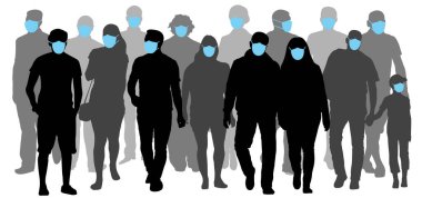 Gribi önlemek için tıbbi maske takan bir grup insan. Kirli hava. Siluet vektör illüstrasyonu