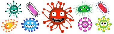 Çizgi film virüsünün simgeleri. Coronavirus belirtileri (COVID-19). Vektör illüstrasyonu.