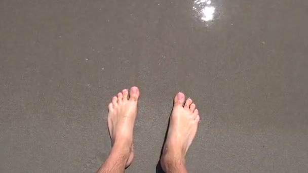 Bare feet of man on the beach of Adriatic sea, washing by water. — Stock Video