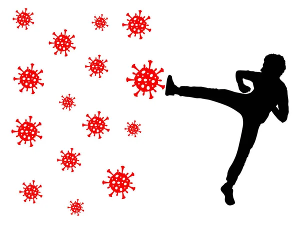 Lutte Contre Coronavirus Covid Silhouette Homme Repousse Les Virus Avec — Image vectorielle
