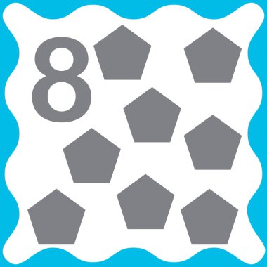 Kart numarası 8 (8) ve beşgen. Sayıları, geometrik şekilleri, matematiği öğreniyorum. Çocuklar için oyun. Vektör illüstrasyonu.