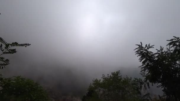 Vents forts, mauvaise visibilité due aux nuages se déplaçant sur la roche — Video