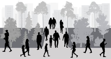 Şehir hayatı. Parkta yürüyen insanlar, siluetler. Vektör illüstrasyonu.
