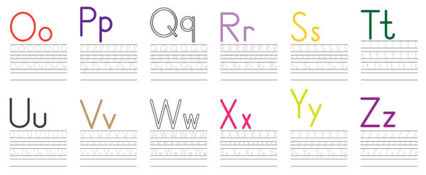Практика написания английских букв от О до А. Образование для детей. Векторная иллюстрация
