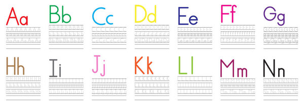 Практика письма английских букв от А до Н. Образование для детей. Векторная иллюстрация
