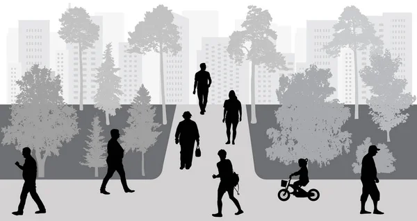 Gente Movimiento Parque Vida Urbana Siluetas Ilustración Vectorial — Vector de stock