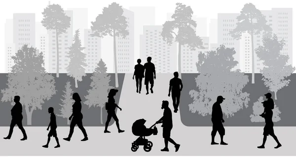 Siluetas Multitud Personas Caminando Parque Ilustración Vectorial — Vector de stock