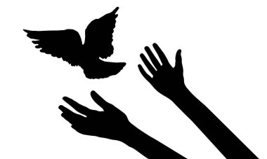 Kadınların elinden uçan kuş, özgürlüğün ya da zaferin sembolü, izole edilmiş siluet. Vektör illüstrasyonu