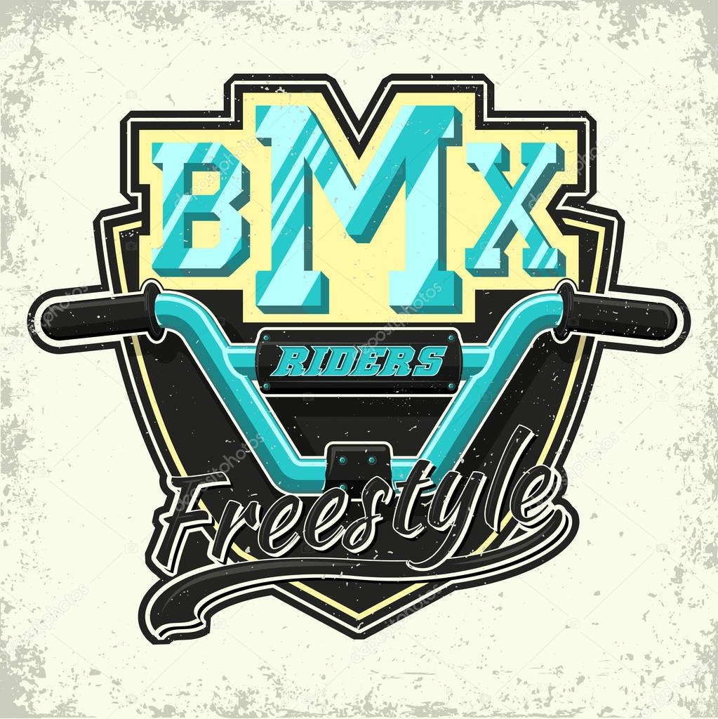 Vintage t-shirt graphic design,  grange print stamp, bmx freestyle typography emblem,  creative sports logo, Vector