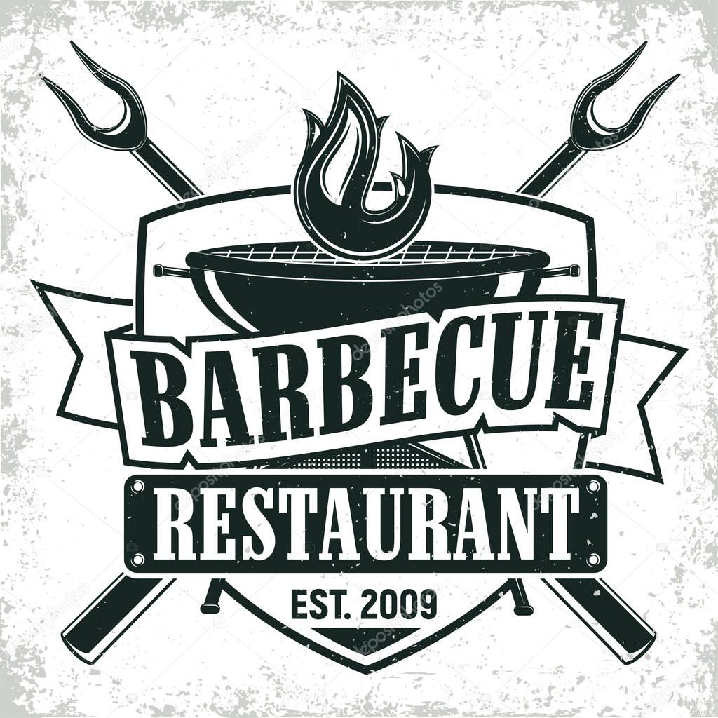 Vintage barbecue restaurant logo design,  grange print stamp, creative grill bar typography emblem, Vector