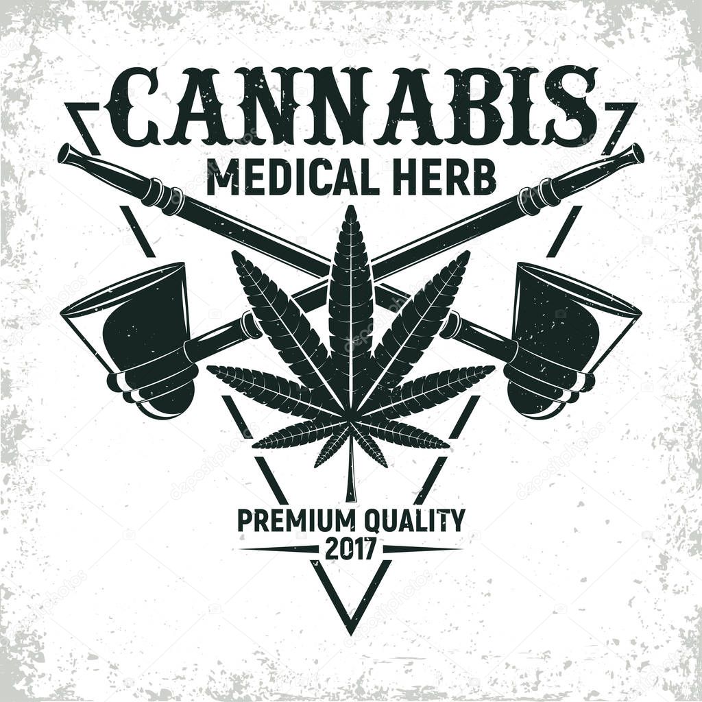 Vintage medical cannabis logo design,  grange print stamp, creative marijuana typography emblem, Vector