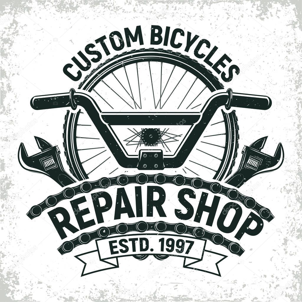 Vintage bicycles repair shop logo design,  grange print stamp, creative typography emblem, Vector