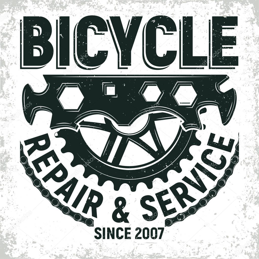 Vintage bicycles repair shop logo design,  grange print stamp, creative typography emblem, Vector