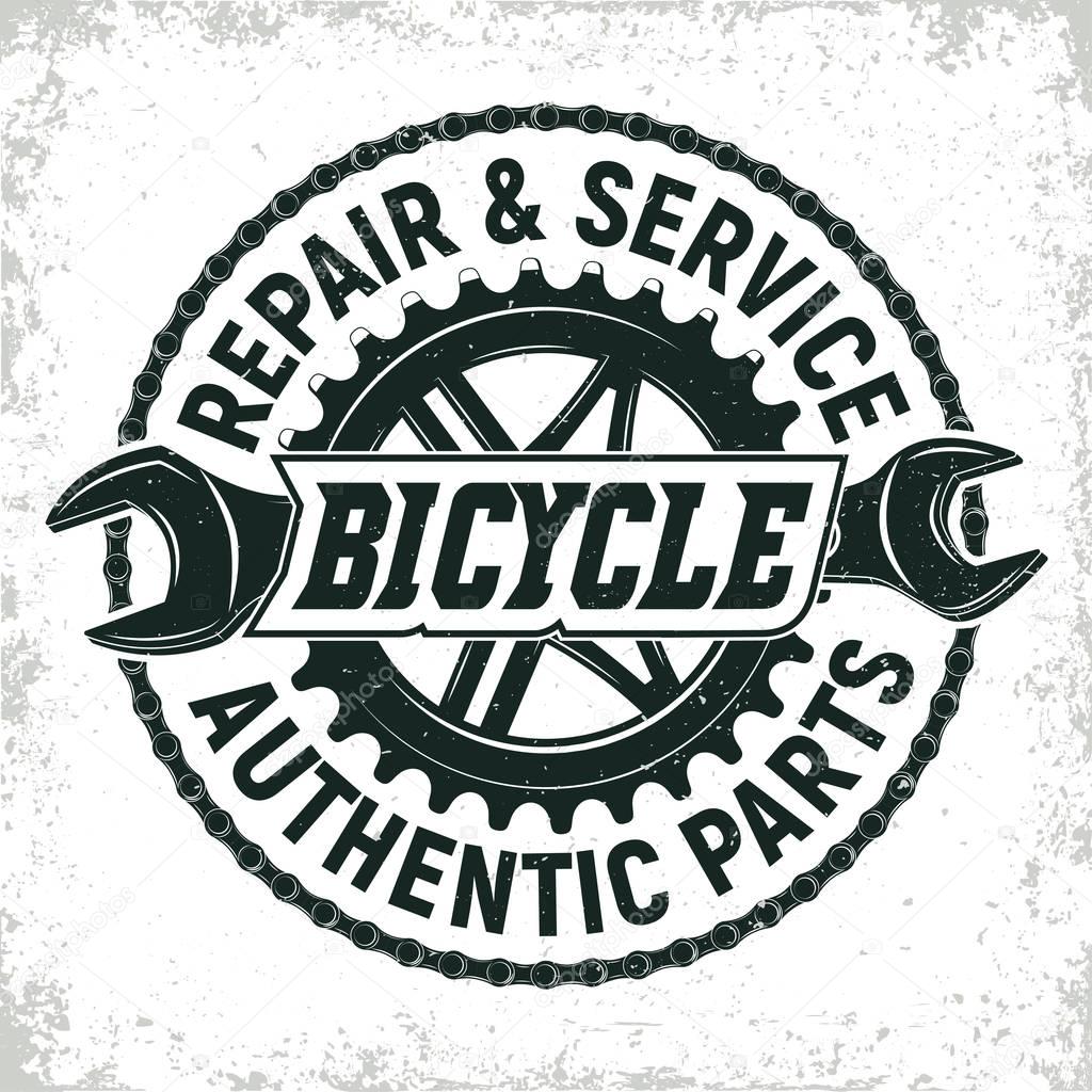 Vintage bicycles repair shop logo design,  grange print stamp, creative typography emblem, Vector