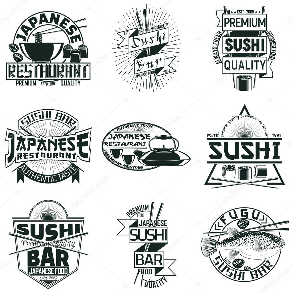 Set of Vintage sushi bar logo designs,  grange print stamps, creative Japanese food typography emblems, Vector