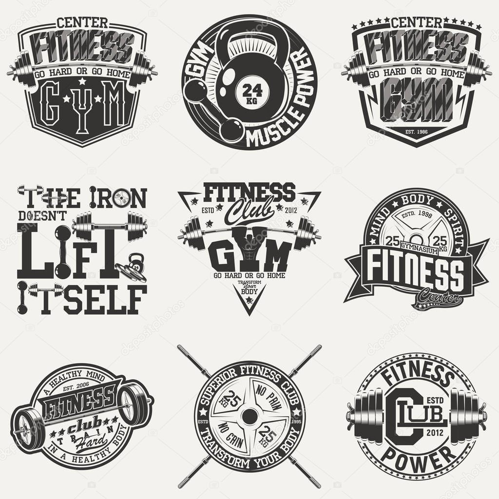 Set of Vintage t-shirt graphic designs,  grange print stamps, fitness typography emblems,  gym sports logo Creative design, Vector