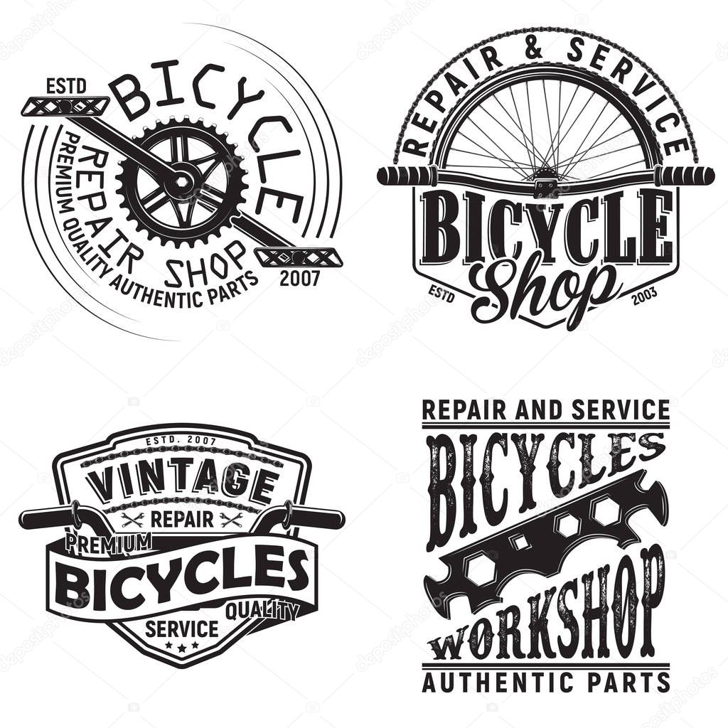 Set of vintage bicycles club logo designs,  downhill bikers grange print stamps, bicycles repair shop creative typography emblems, Vector