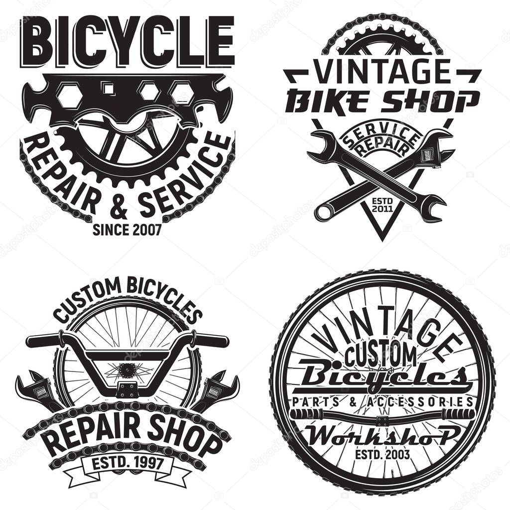 Set of vintage bicycles club logo designs,  downhill bikers grange print stamps, bicycles repair shop creative typography emblems, Vector