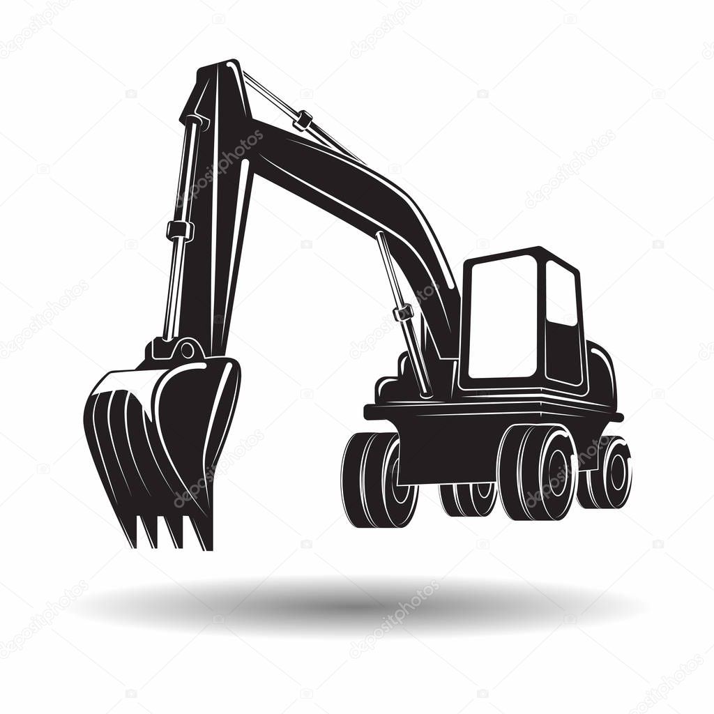 Heavy excavator machine with shovel monochrome icon, on white background, vector