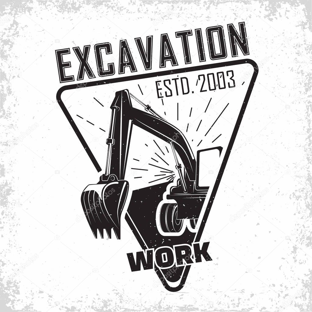 Excavation work logo design, emblem of excavator or building machine rental organisation print stamps, constructing equipment, Heavy excavator machine with shovel typographyv emblem, Vector
