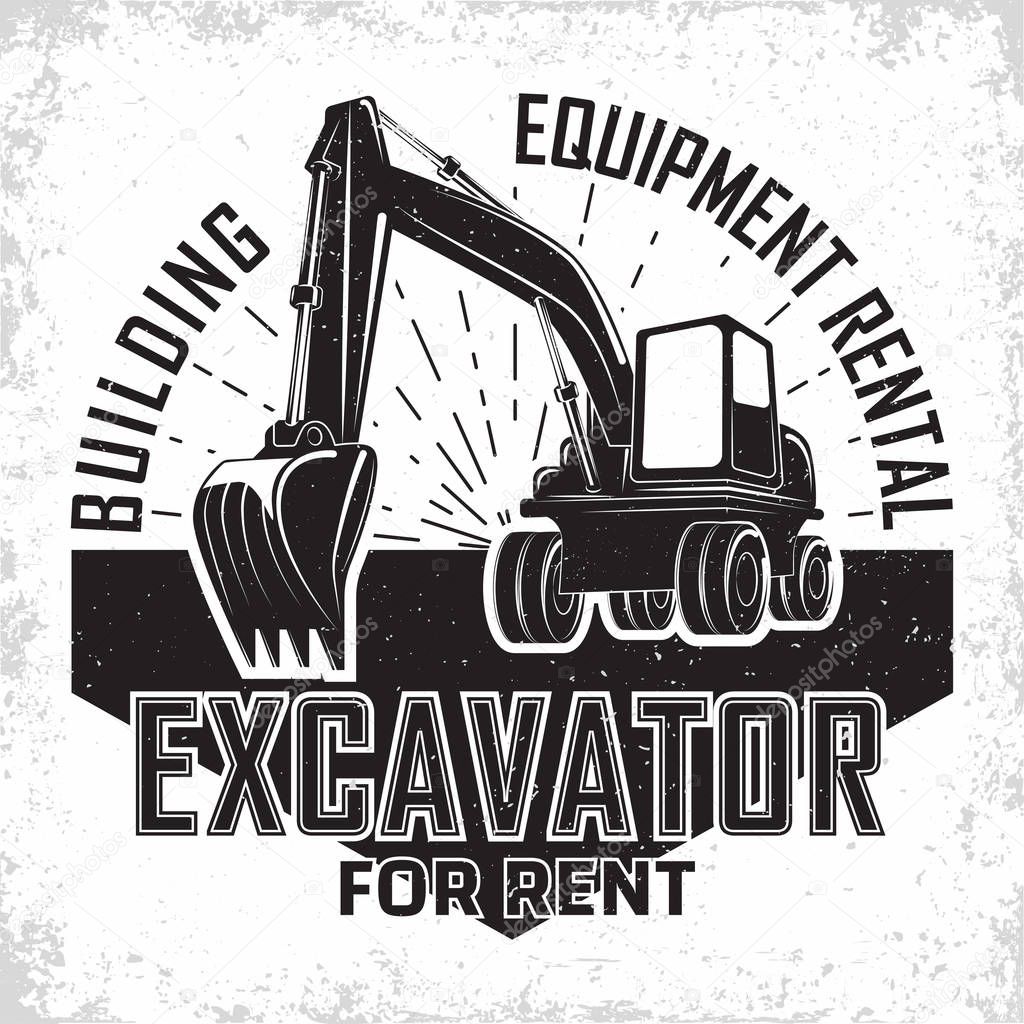 Excavation work logo design, emblem of excavator or building machine rental organisation print stamps, constructing equipment, Heavy excavator machine with shovel typographyv emblem, Vector
