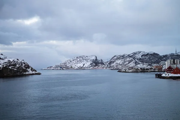 Szép hó Vagylagosan táj a csónakot, Lofoten — Stock Fotó