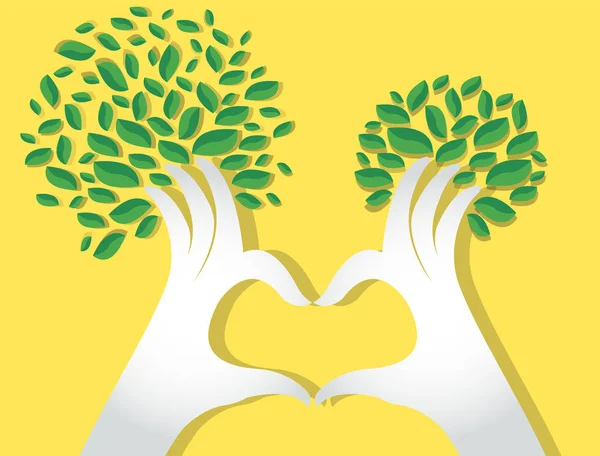 Manos corazón con hojas, amantes de la naturaleza, Día Mundial del Medio Ambiente — Vector de stock