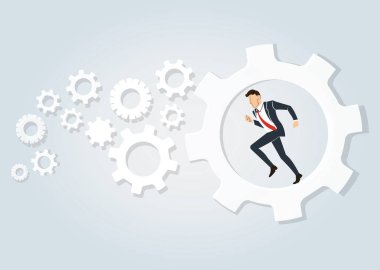 Tekerlek dişli arka plan vektörde çalıştıran iş adamı