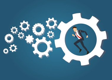 Tekerlek dişli arka plan vektörde çalıştıran iş adamı