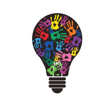 ampul şekli, düşünme kavramı sembolü renkli el izi