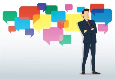 Sohbet kutusu arka plan ile başarılı bir iş adamı ayakta geçti silah