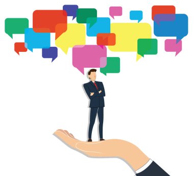 Sohbet kutusu arka plan ile başarılı bir iş adamı ayakta geçti silah