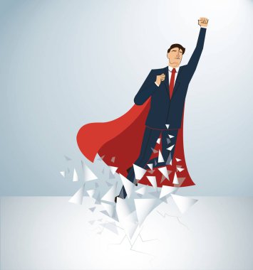 Başarılı bir iş adamı ve kırmızı pelerin kırma duvar vektör. İş kavramı illüstrasyon.    