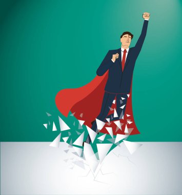 Başarılı bir iş adamı ve kırmızı pelerin kırma duvar vektör. İş kavramı illüstrasyon.    