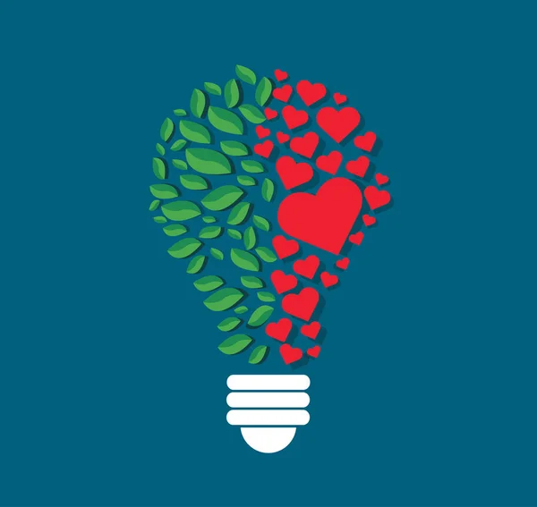 Hojas verdes y corazones en forma de bombilla, concepto ecológico, símbolo del pensamiento, Día Mundial del Medio Ambiente — Vector de stock