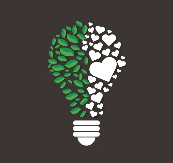 Hojas verdes y corazones en forma de bombilla, concepto ecológico, símbolo del pensamiento, Día Mundial del Medio Ambiente — Vector de stock