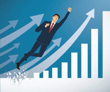 işadamı ve kırmızı pelerin kırılma başarılı vektör duvara. İş kavramı illüstrasyon.    