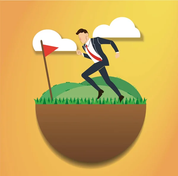Running businessman on the green field and golf flag. reach to success. Business concept — Stock Vector