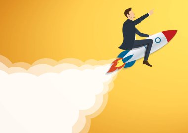 Bir roket ile başarılı plan vektör uçan iş adamı. İş kavramı illüstrasyon.