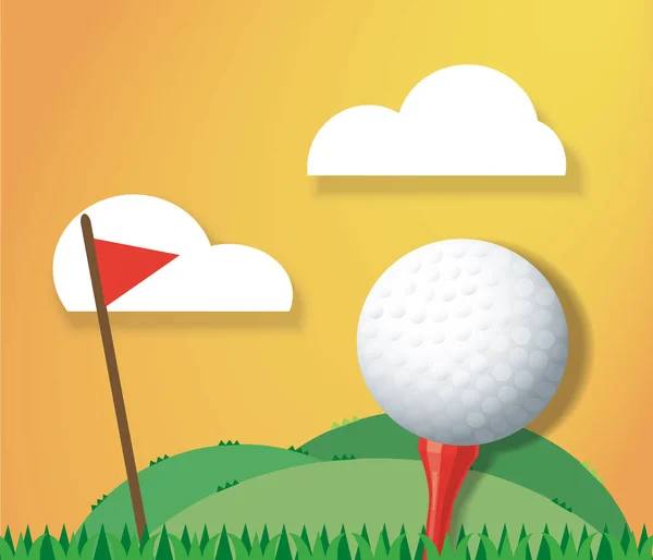 Bola de golf en el suelo y bandera roja vector de fondo — Vector de stock